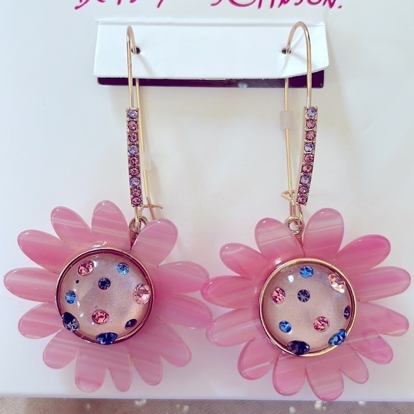 Brand New Betsy Johnson Pink Flower Rhinestone Studded Gold Tone Drop Earrings - Picture 5 of 9